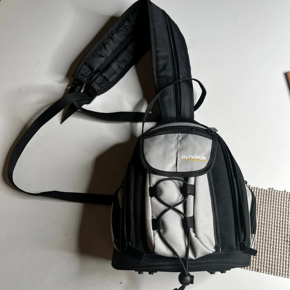 Olympus Camera Sling Bag Black Silver Padded Crossbody Case with Bungee